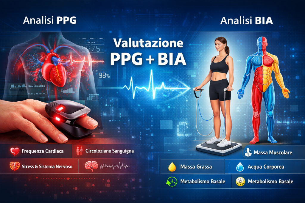 Valutazione PPG e BIA: esame non invasivo che analizza circolazione cardiovascolare e composizione corporea con bioimpedenziometria