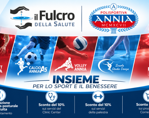 Convenzione tra Il Fulcro della Salute e Polisportiva Annia per basket, calcio a 5, volley, danza e ballo, con valutazione posturale gratuita e sconti del 10%.
